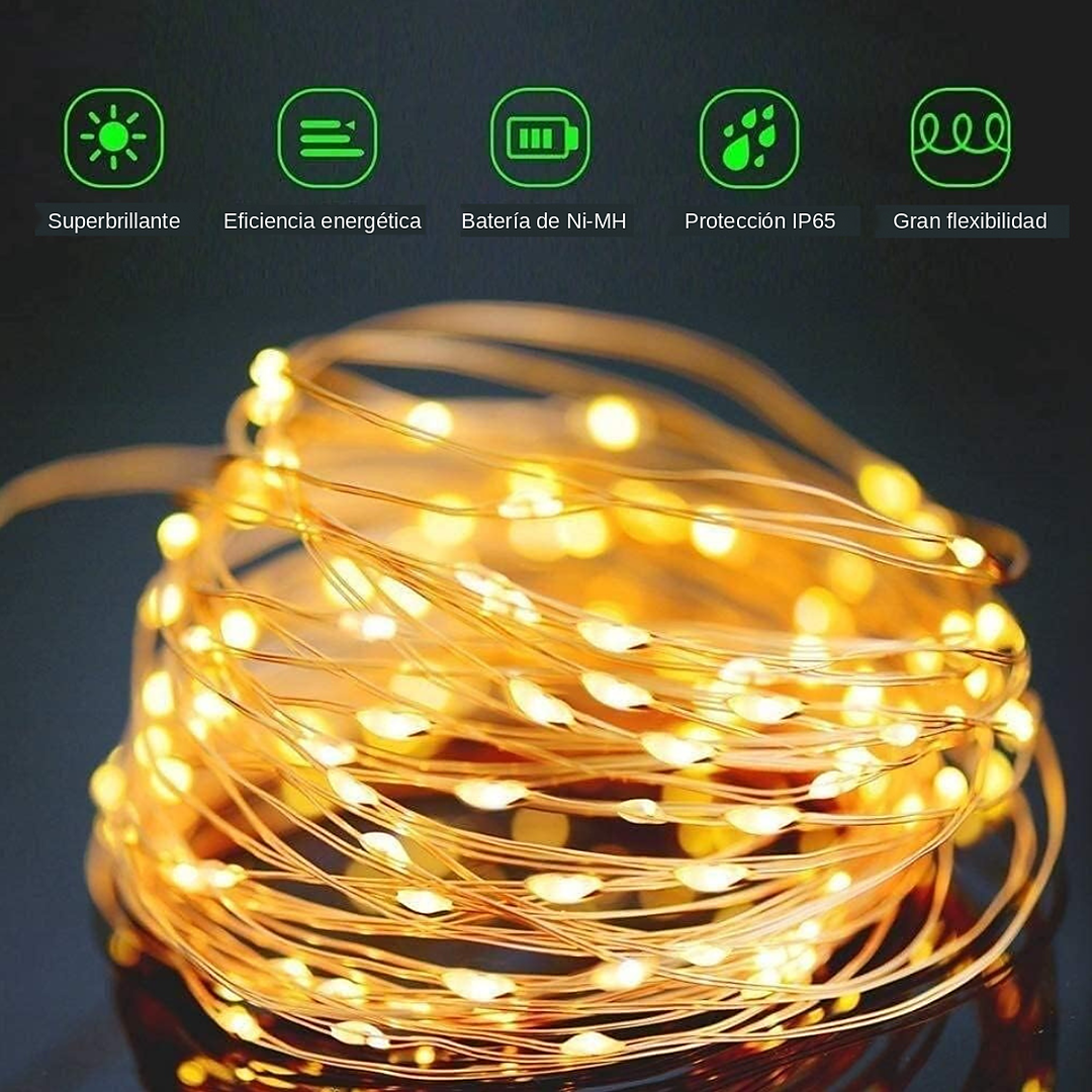 Guirnalda Solar LED de 10 Metros con 100 Luces Cálidas – Exterior y Jardín